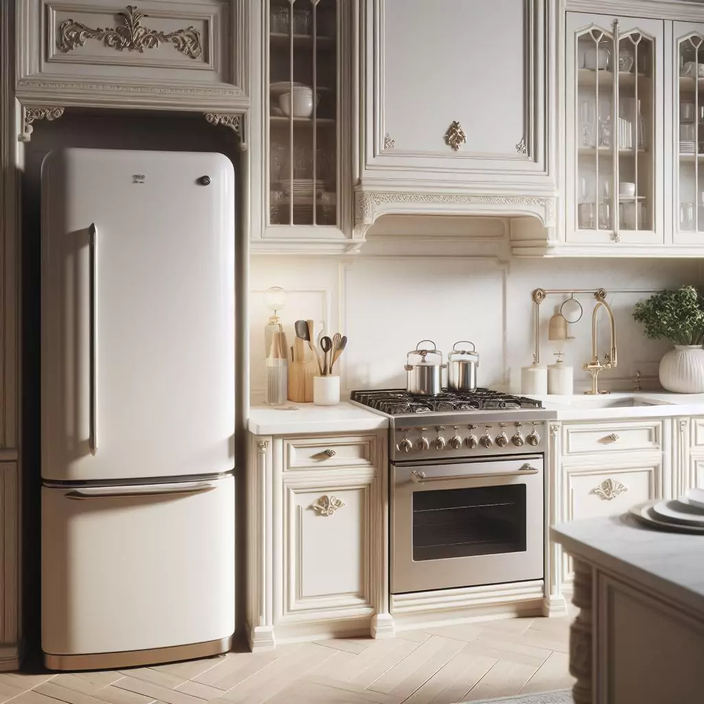 "An elegant ivory fridge in a kitchen, exuding a timeless and sophisticated look, adding a touch of luxury and creating a sense of warmth and comfort."