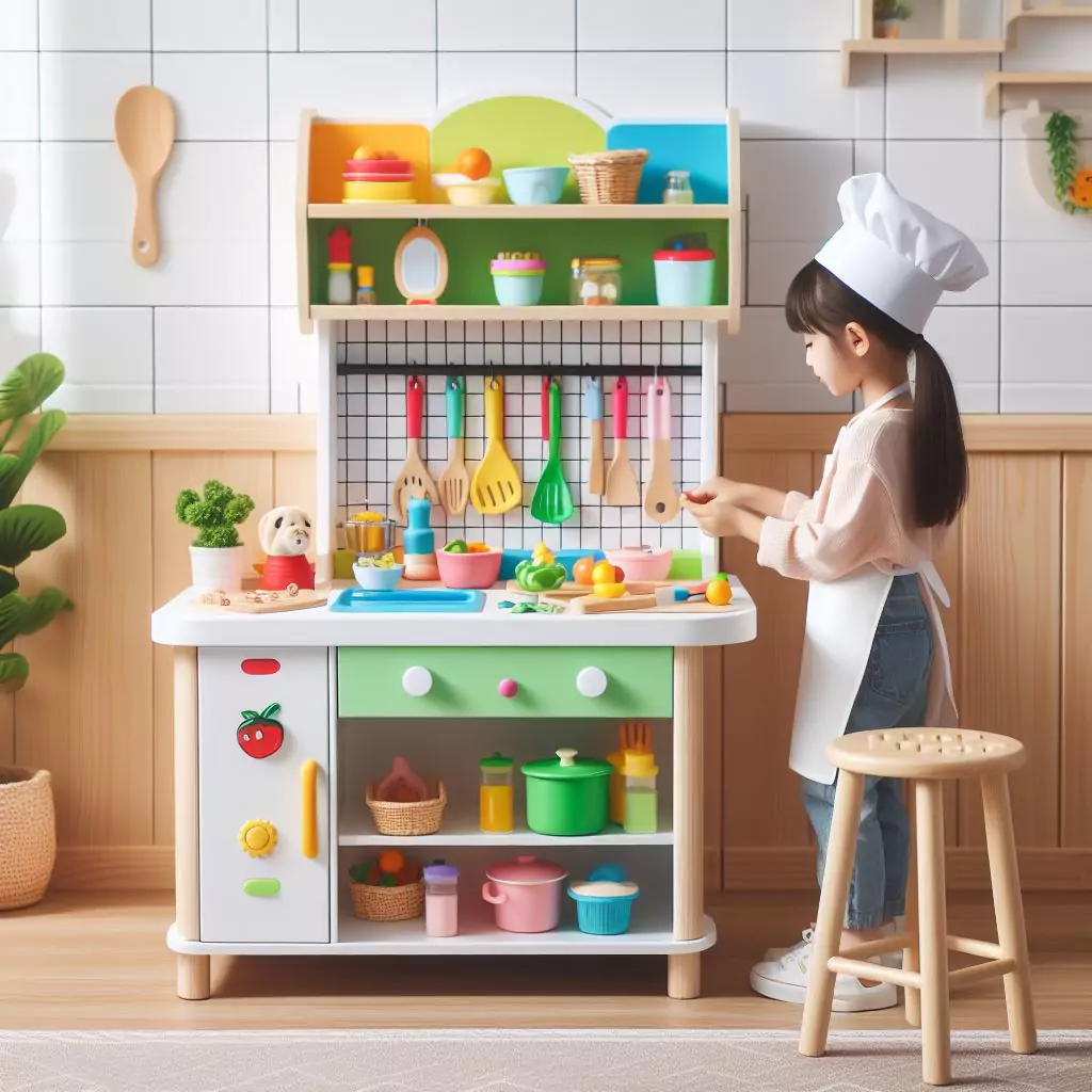 A colorful and inviting mini chef's station in the kitchen, equipped with child-friendly utensils and ingredients, providing a safe space for kids to explore their culinary skills through cooking and baking.