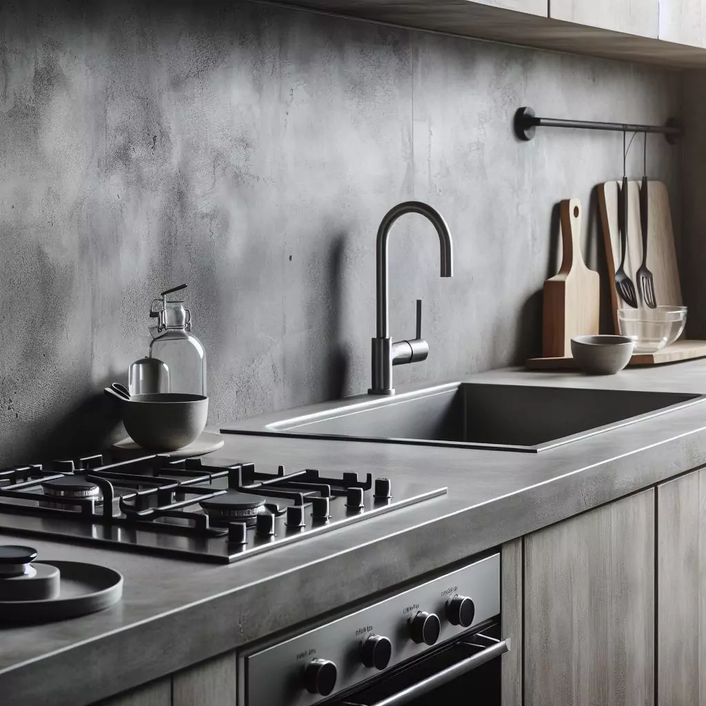 a closer look a Concrete gray walls in a kitchen. The countertop has a gas stove, stainless steel kitchen sink with a faucet