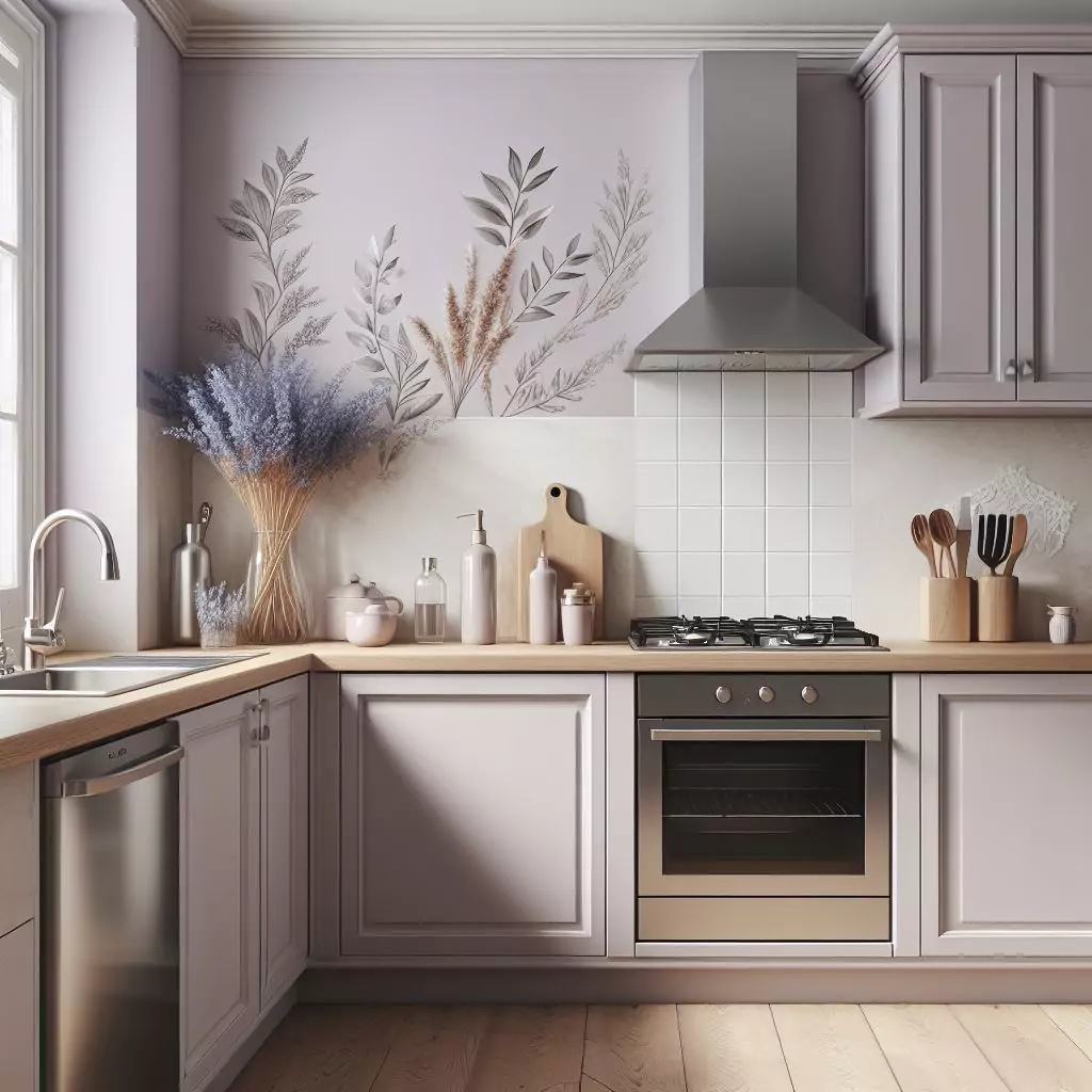 Soft lavender touches on kitchen walls, adding elegance and sophistication for a refined and luxurious feel in the space. The countertop has a gas stove, stainless steel kitchen sink and faucet, and dishwasher
