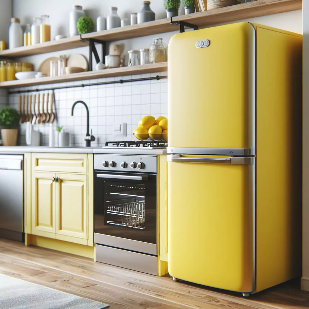A lemon-yellow fridge in a kitchen, exuding a bright and cheerful vibe, adding energy and vibrancy to the room and instantly lifting the mood while cooking.