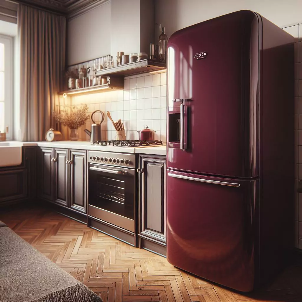 A deep burgundy fridge in a kitchen, exuding richness and drama, infusing the space with luxury and sophistication, and making a bold statement in the culinary environment.