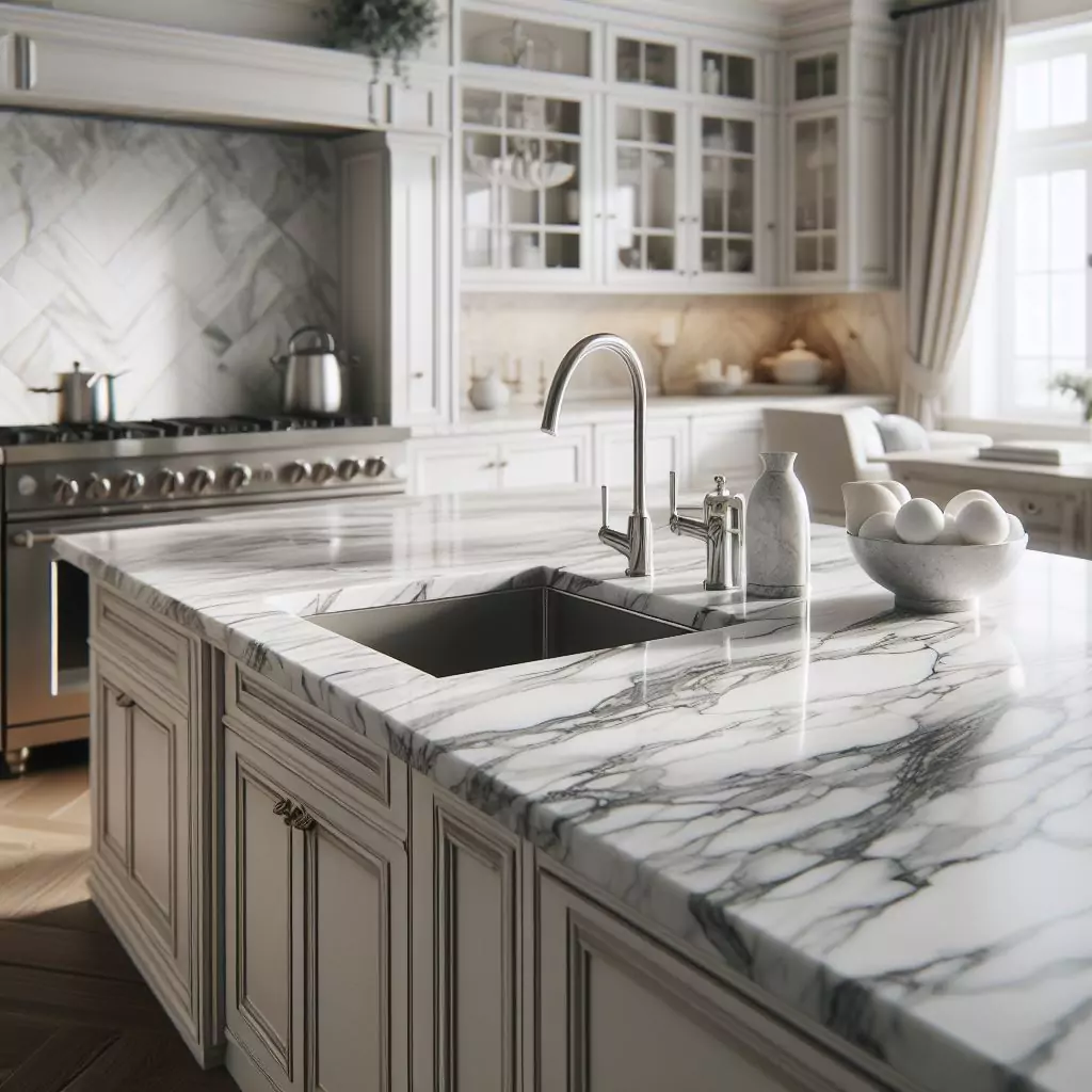 a close look of a Marble countertops in a kitchen, showcasing elegant veining and timeless appeal, paired with understated decor to highlight their luxurious beauty. The countertop has a gas stove, stainless steel kitchen sink and faucet, and dishwasher