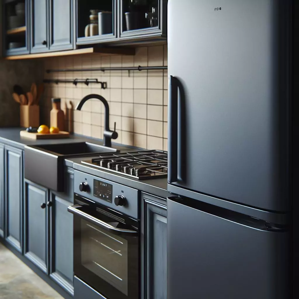 "A matte navy fridge in a kitchen, exuding sleek and sophisticated elegance, creating a stylish focal point in the space."
