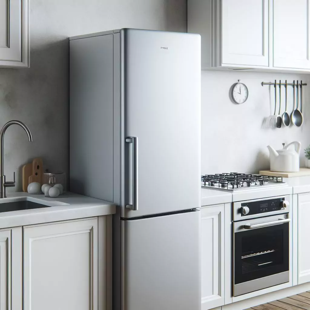 "A matte white fridge in a kitchen, exuding a clean and timeless look, enhancing brightness and creating an airy, spacious, and inviting atmosphere."