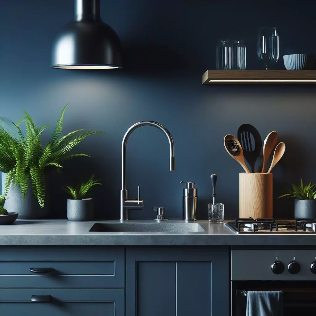 a closer look of a Kitchen with midnight blue walls. The countertop has a gas stove, stainless steel kitchen sink, potted indoor plant and faucet, and dishwasher