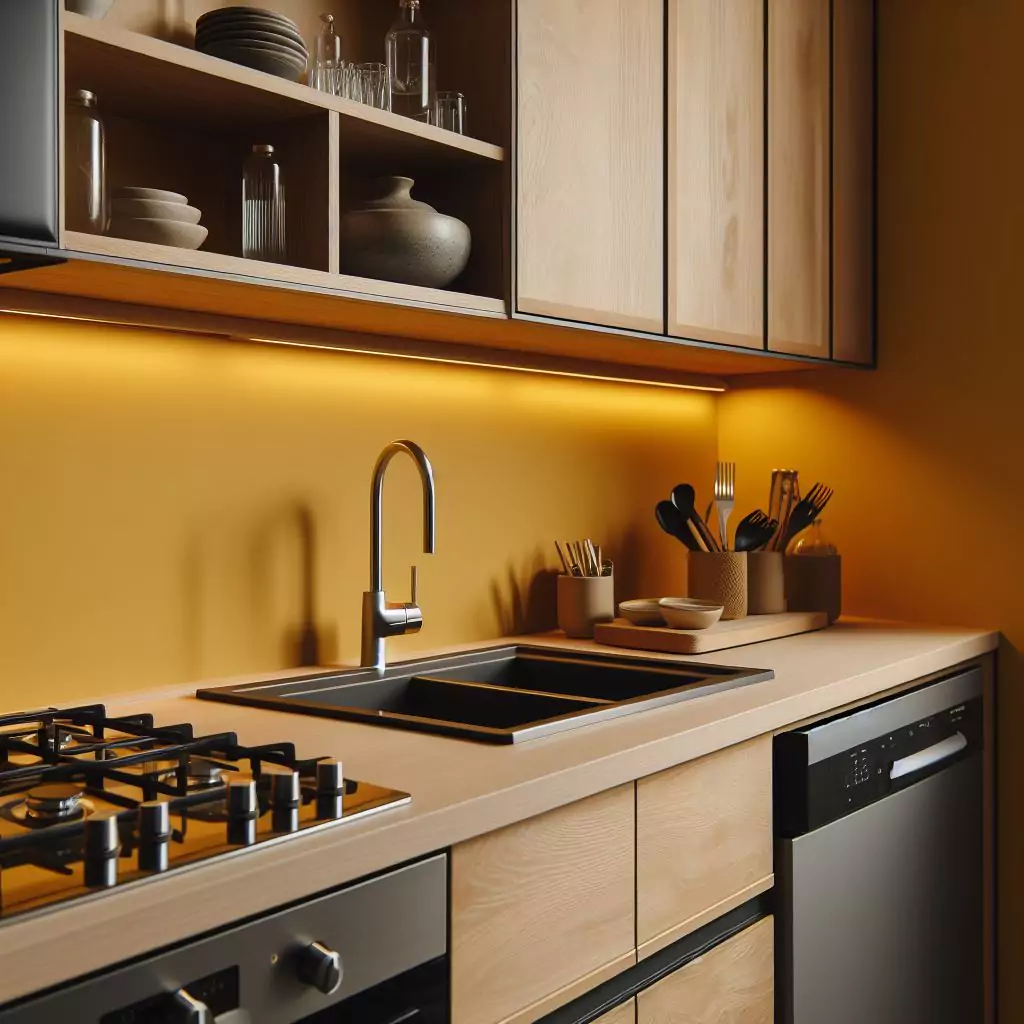 a closer look of a Kitchen with mustard yellow color on the walls. The countertop has a gas stove, stainless steel kitchen sink with a faucet, and a dishwasher