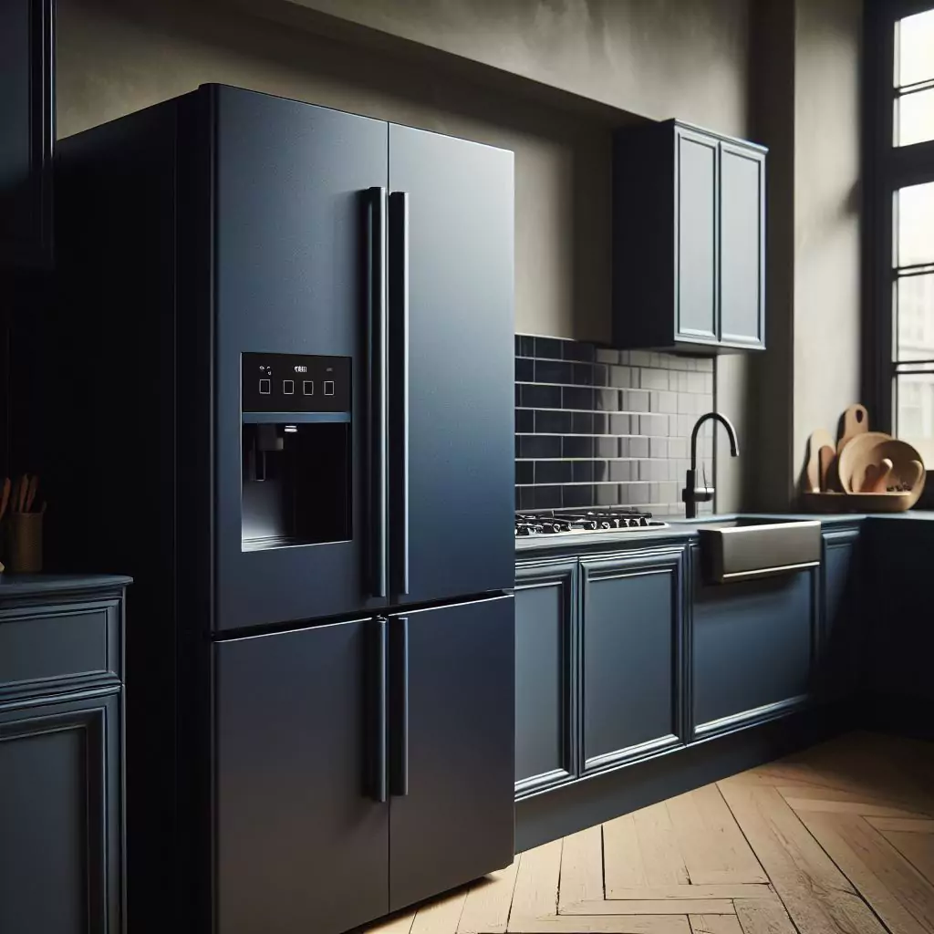 "A navy blue fridge in a kitchen, exuding sophistication and calmness, adding depth and richness to the space for an elevated overall look."