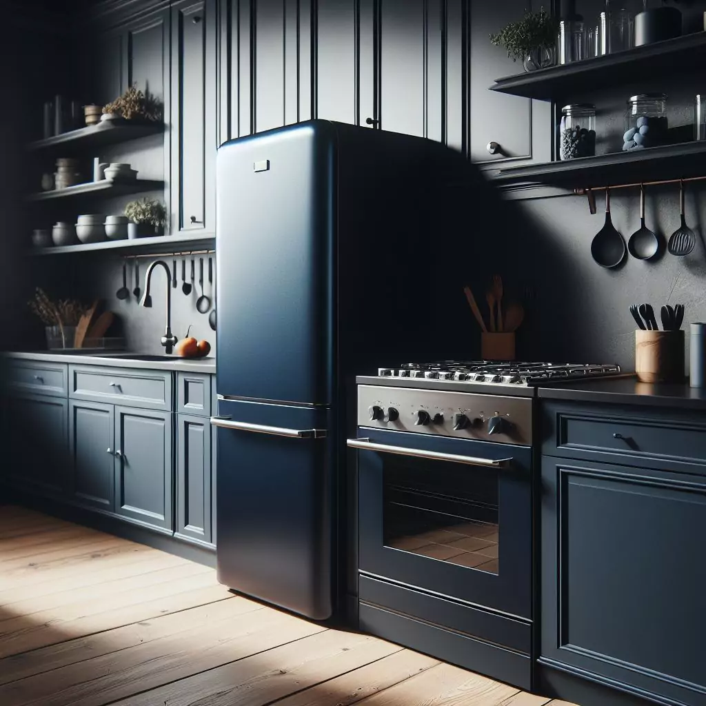 A navy blue fridge in a kitchen, exuding sophistication and calmness, adding depth and richness to the space for an elevated overall look.