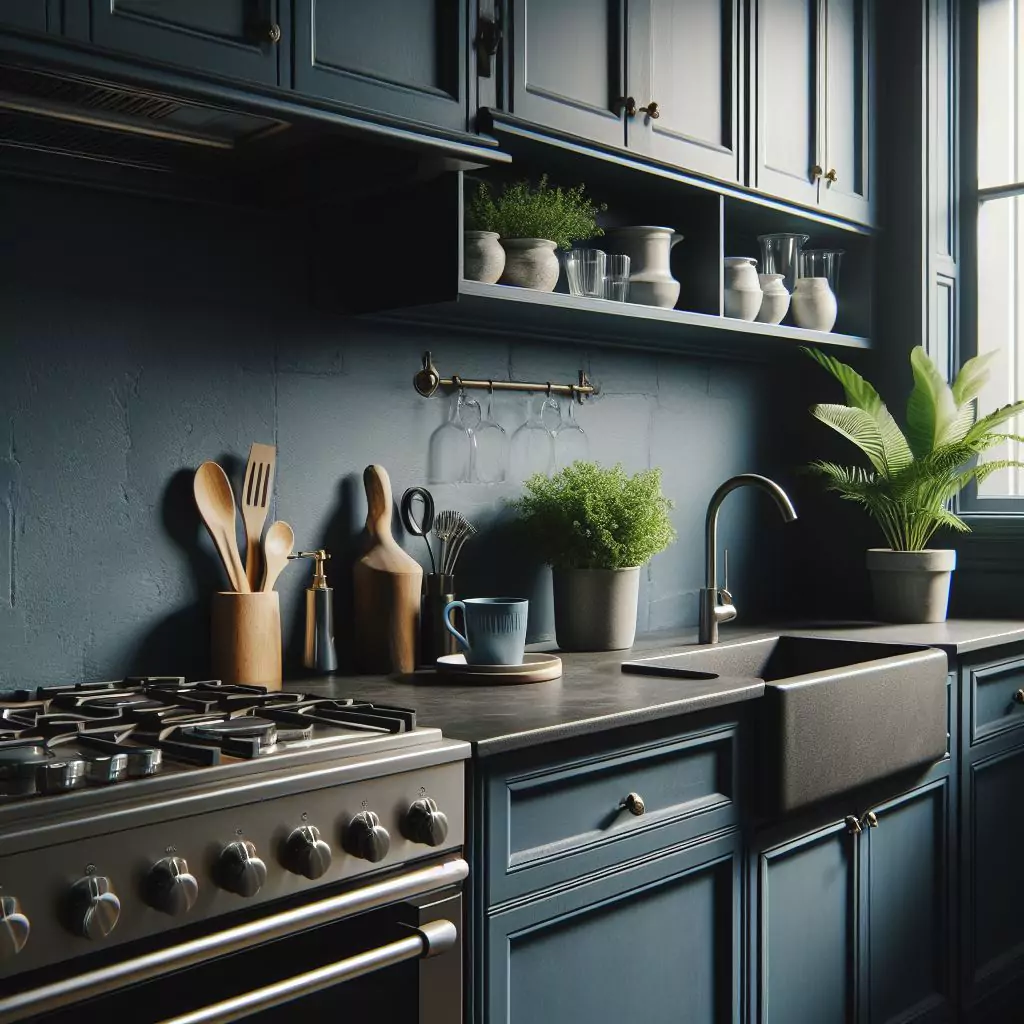a closer look of a Kitchen with classic navy blue walls. The countertop has a gas stove, stainless steel kitchen sink with a faucet, potted plant and dishwasher