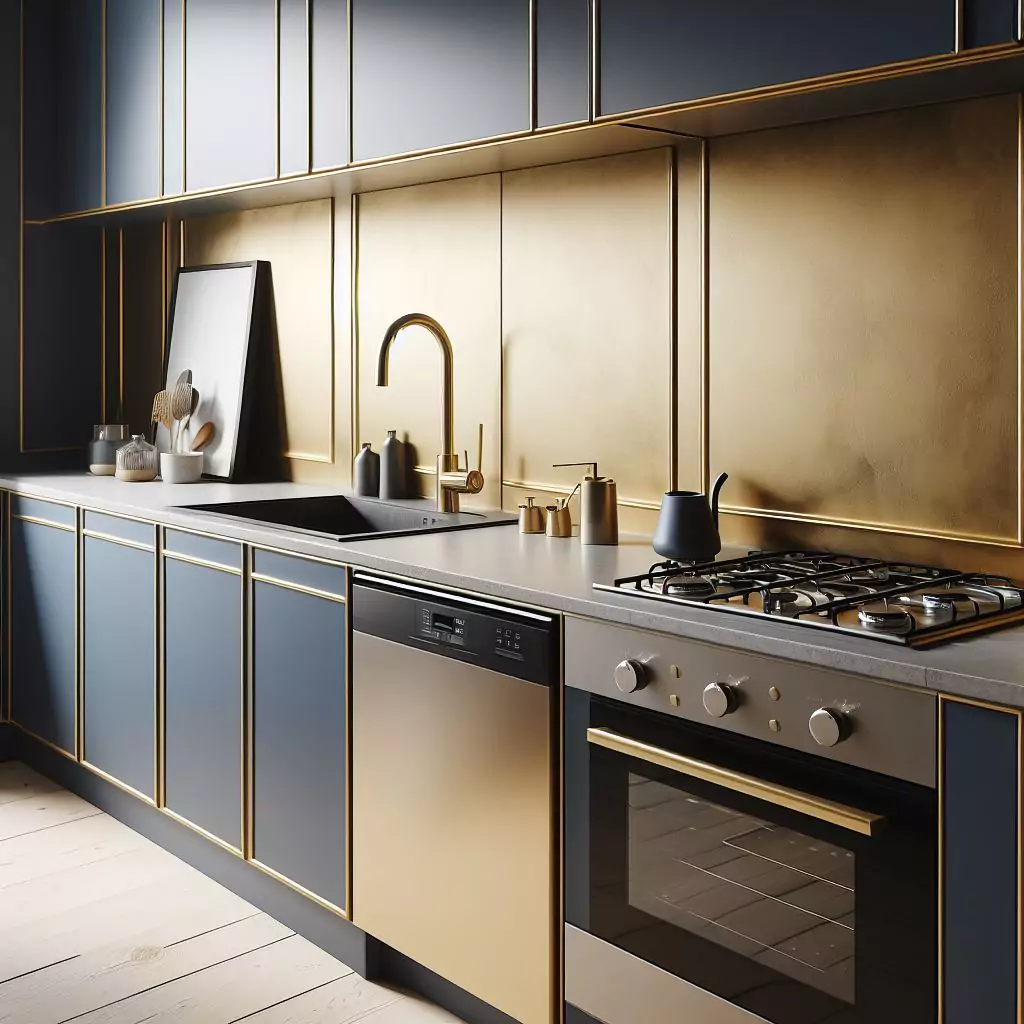 a closer look of a minimalist kitchen with Navy and gold colors on kitchen walls. The countertop has a gas stove, stainless steel kitchen sink with a faucet, and a dishwasher