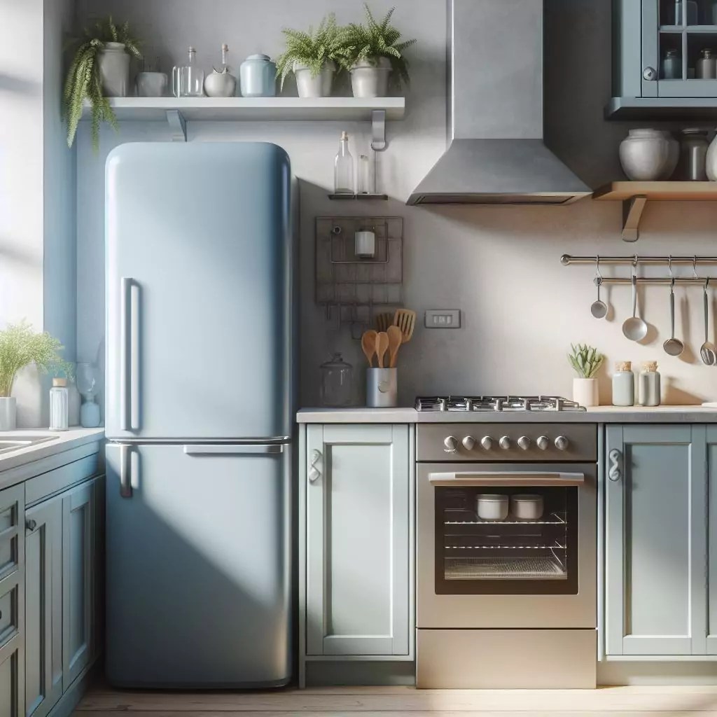a close look of A calming pale blue fridge in a kitchen. The countertop has a gas stove, stainless steel kitchen sink and faucet, and dishwasher