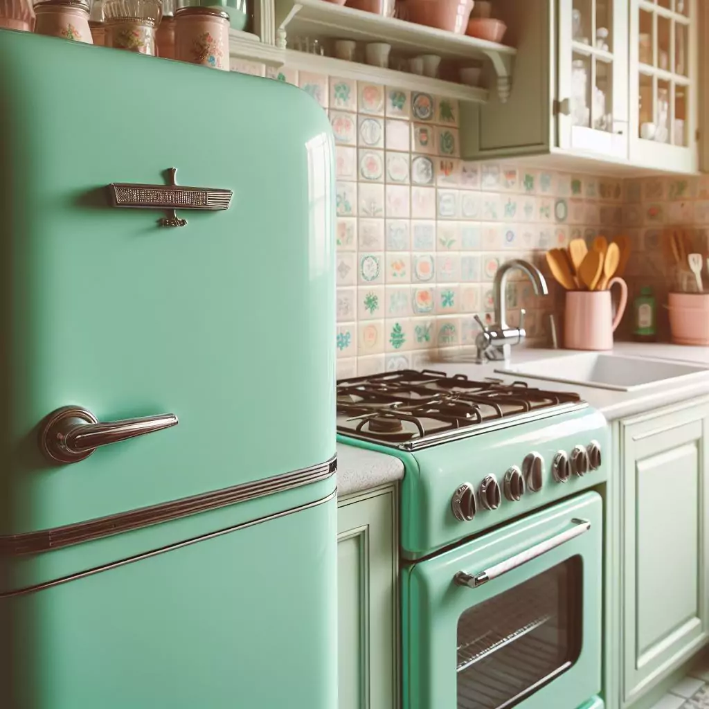 a close look of A retro pastel mint fridge in a kitchen, evoking nostalgia with its vintage charm and adding whimsy and personality to the space. The countertop has a gas stove, stainless steel kitchen sink and faucet, and dishwasher
