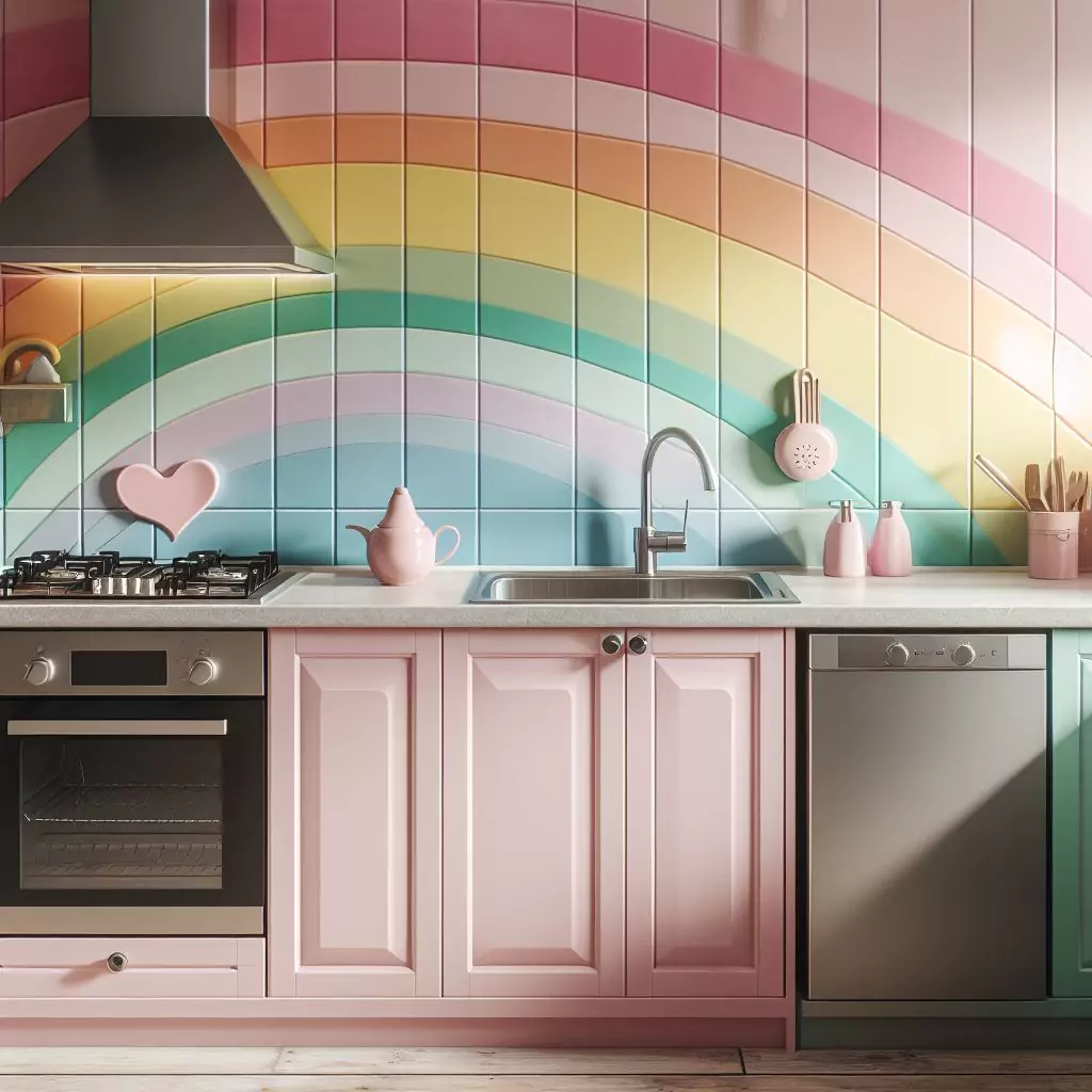 a closer look a Pastel rainbow colors on kitchen walls. The countertop has a gas stove, stainless steel kitchen sink with a faucet, and a dishwasher