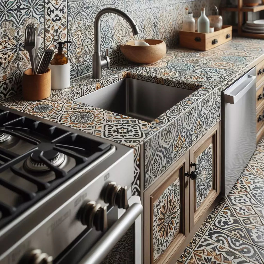 a close look of a Bold, patterned tile countertops in a kitchen, featuring Moroccan-inspired motifs. The countertop has a gas stove, stainless steel kitchen sink and faucet, and dishwasher