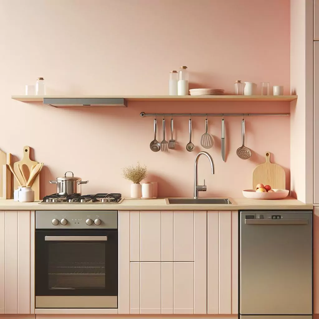 Soft pastel kitchen wall colors in pale pink, creating a serene and charming space with a sense of calmness and delicacy. The countertop has a gas stove, stainless steel kitchen sink and faucet, and dishwasher
