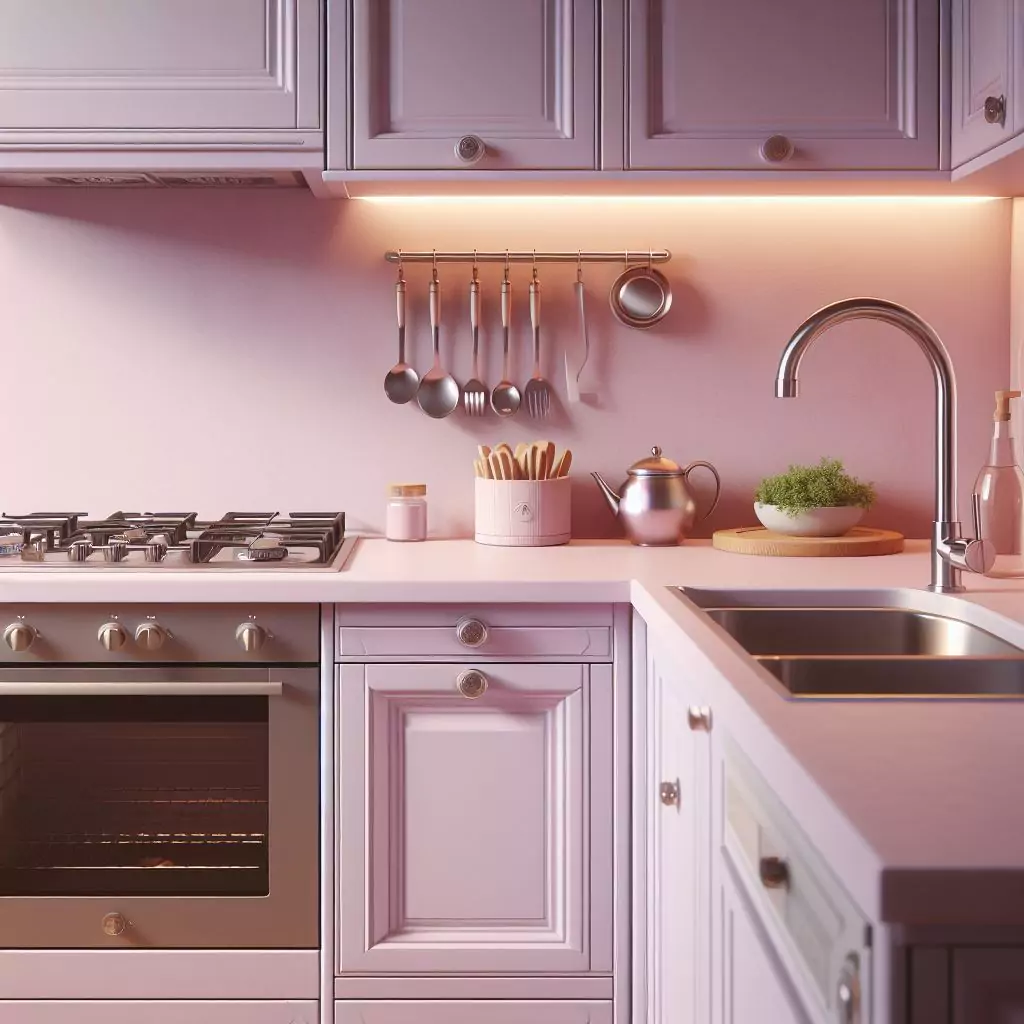 a closer look of a Kitchen with soft lilac shades on the walls. The countertop has a gas stove, stainless steel kitchen sink with a faucet, and dishwasher
