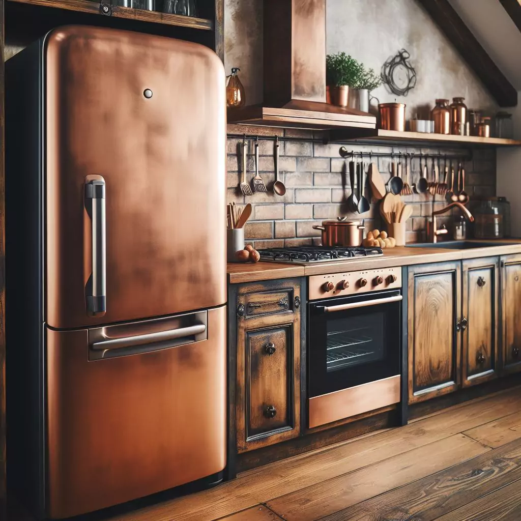 A rustic copper-colored fridge in a kitchen, exuding a warm and inviting hue, adding a touch of rustic charm and evoking the cozy atmosphere of farmhouse kitchens.