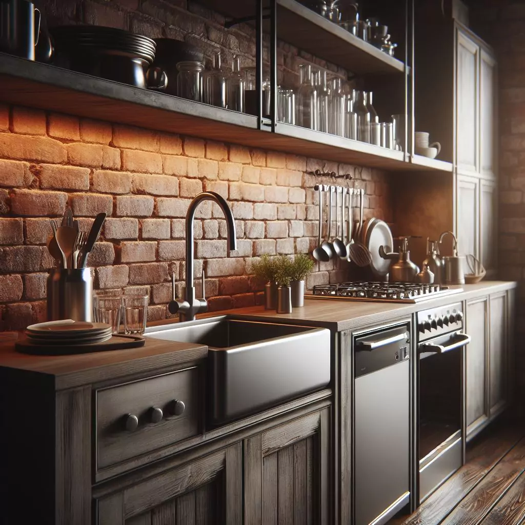 a closer look of a Kitchen with exposed brick walls. The countertop has a gas stove, stainless steel kitchen sink with a faucet, and a dishwasher