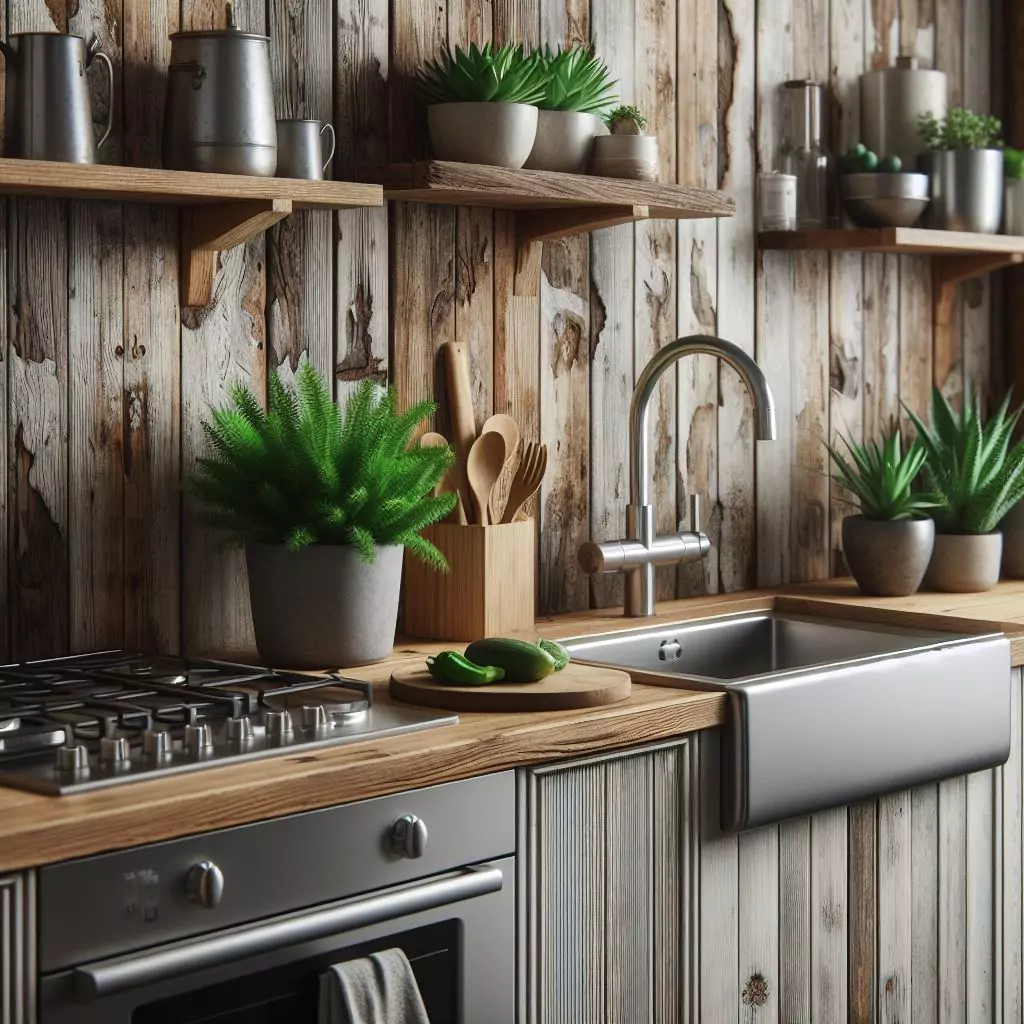 a closer look of a Kitchen with weathered wood walls. The countertop has a gas stove, stainless steel kitchen sink with a faucet, a potted indoor plant, and dishwasher
