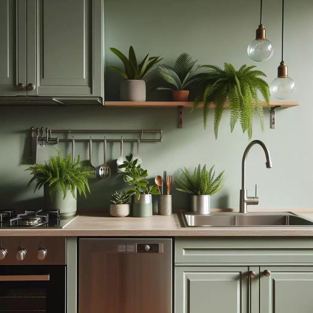 a closer look of a kitchen with sage green walls. The countertop has a gas stove, stainless steel kitchen sink, potted indoor plant and faucet, and dishwasher