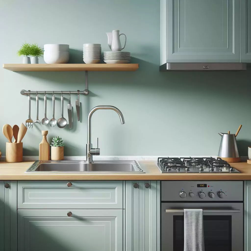 a closer look of a Kitchen with seafoam green walls. The countertop has a gas stove, stainless steel kitchen sink with a faucet