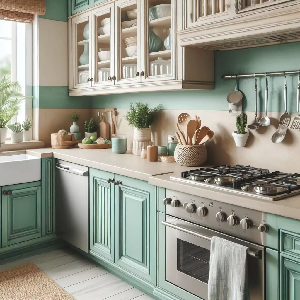 A closer look of a Coastal-inspired palette with seafoam green and sand tones colors on kitchen walls. The countertop has a gas stove, stainless steel kitchen sink with a faucet, and a dishwasher