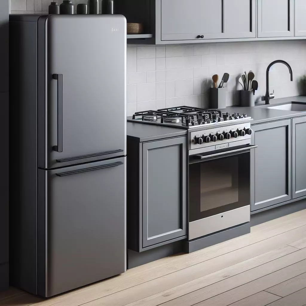 "A chic slate gray fridge in a kitchen, exuding contemporary refinement and understated elegance, seamlessly complementing modern kitchen designs."