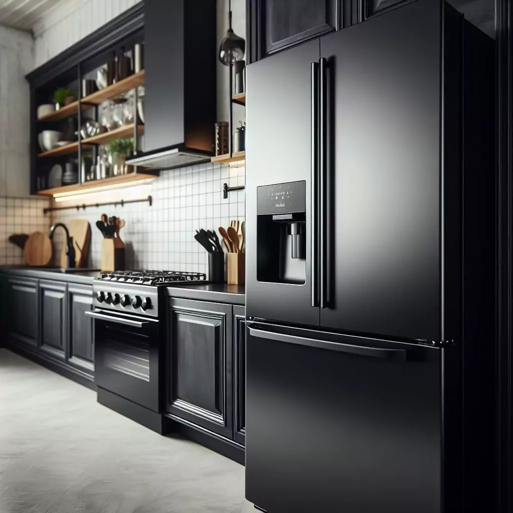 a close-up of a sleek black fridge in a kitchen, exuding modern sophistication and seamlessly blending with other appliances and decor elements. The countertop has a gas stove, stainless steel kitchen sink and faucet, and dishwasher