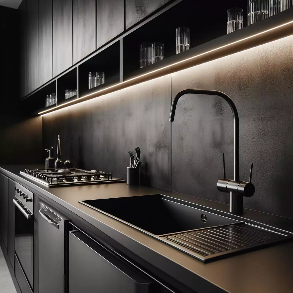 a closer look of a Sleek black walls in a modern kitchen. The countertop has a gas stove, stainless steel kitchen sink with a faucet, and a dishwasher