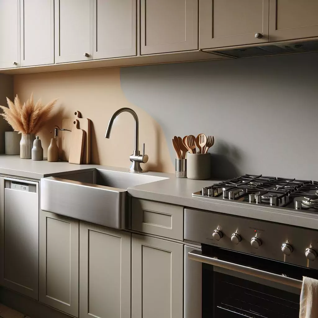Soft gray and beige walls in a kitchen, creating a zen retreat with a calming color combination that promotes relaxation and mindfulness for a peaceful and harmonious space.