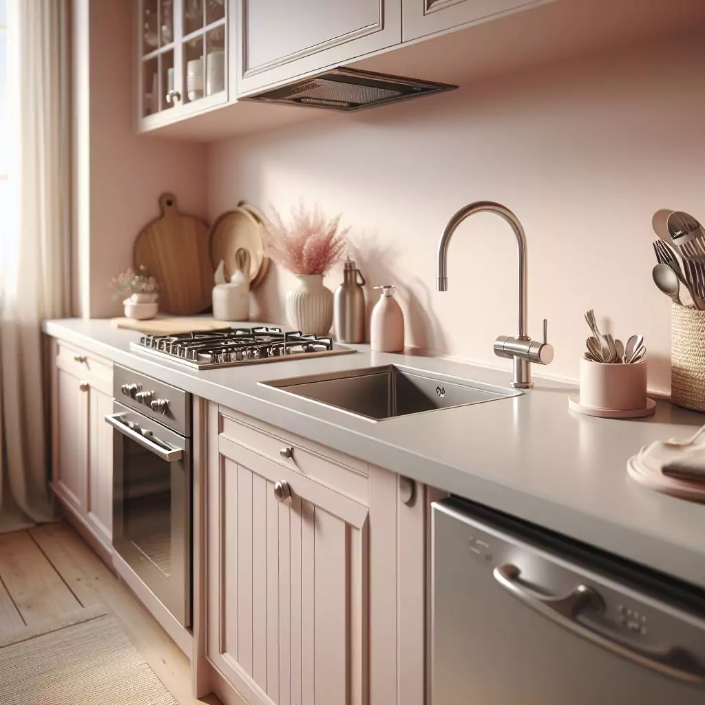 a closer look of a Kitchen with soft pink tones on the walls. The countertop has a gas stove, stainless steel kitchen sink with a faucet, and a dishwasher