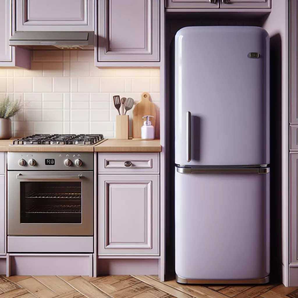 a close look of a soft lavender refrigerator in a kitchen. The countertop has a gas stove, stainless steel kitchen sink and faucet, and dishwasher