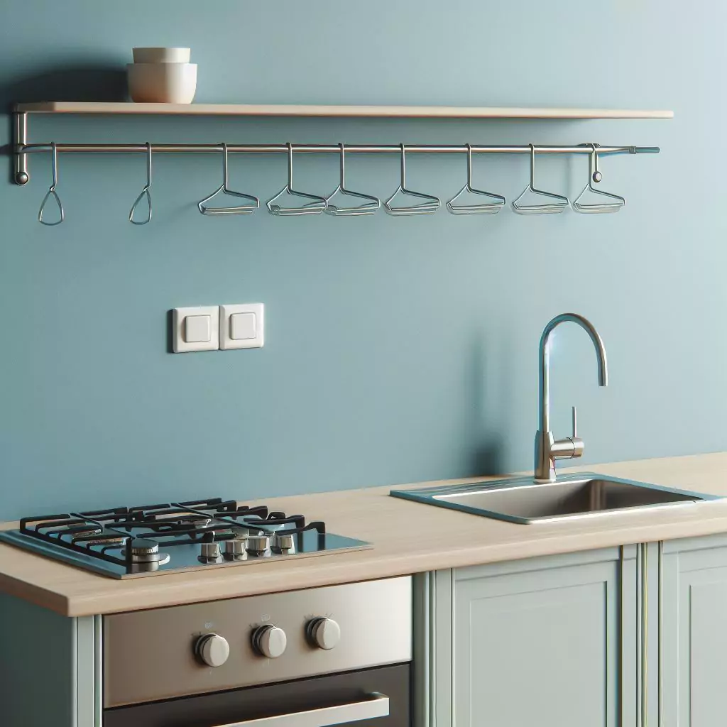 Kitchen with sky blue walls, evoking a sense of openness and serenity, creating a soothing and uplifting ambiance reminiscent of clear blue skies on a sunny day.