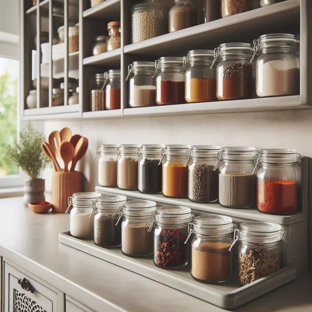 a close look of Ceramic or glass jars for spices displayed on a kitchen countertop, organized and decorative, making them easily accessible while cooking and adding visual appeal to the space.