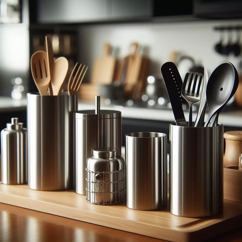 a close look of a stainless steel accessories on a kitchen countertop, including utensil holders and canisters, adding a sleek and modern touch to the space.