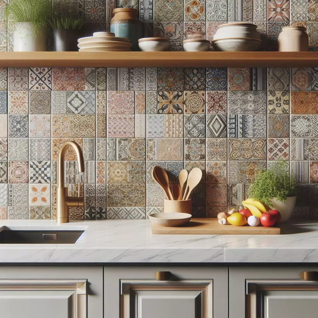 a close look of A statement backsplash in a kitchen, featuring colorful tiles, patterned wallpaper, or textured materials, elevating the overall look of the space.