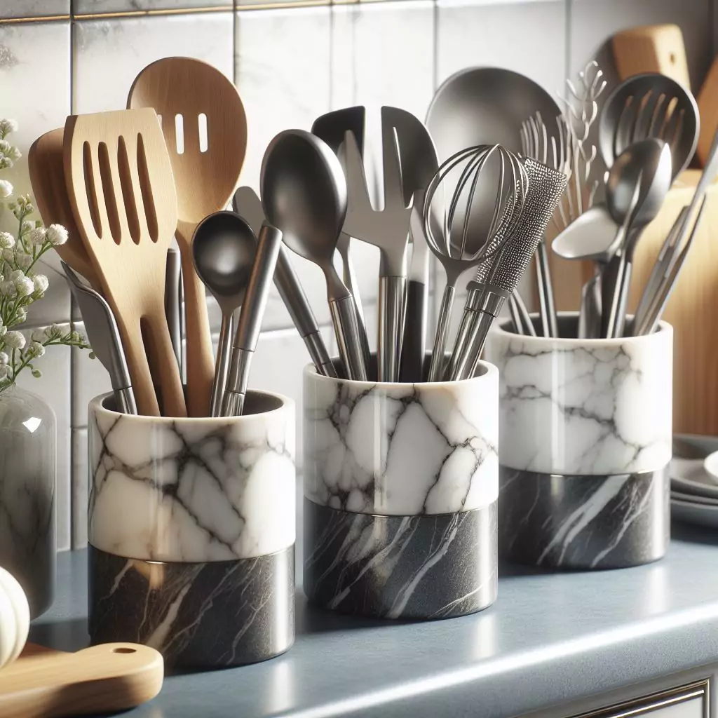Chic kitchen utensil holders made from marble, ceramic, or stainless steel, keeping cooking essentials organized and within reach while enhancing the visual appeal of the counter.