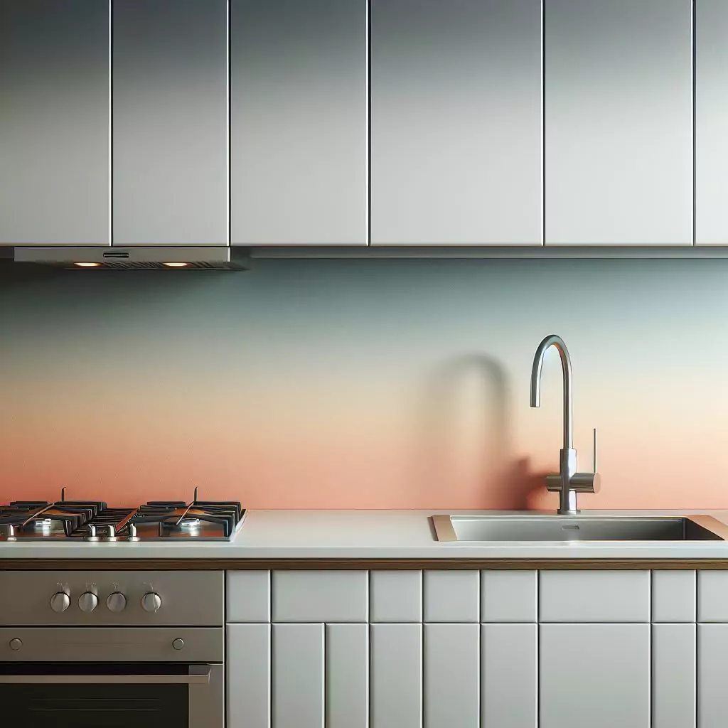 a closer look of a Subtle gradient wall effect in a kitchen. The countertop has a gas stove, stainless steel kitchen sink with a faucet