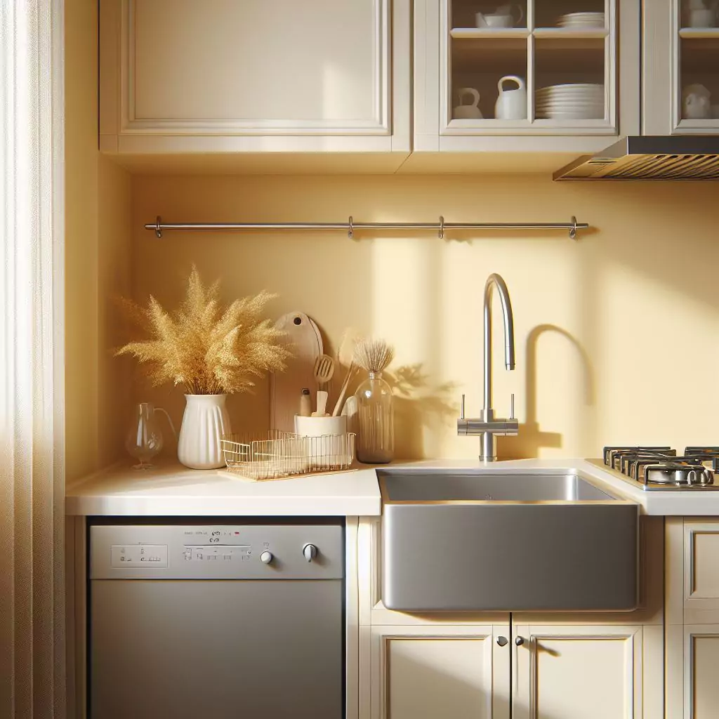 a closer look of a Kitchen with a soft yellow palette walls. The countertop has a gas stove, stainless steel kitchen sink with a faucet, and dishwasher