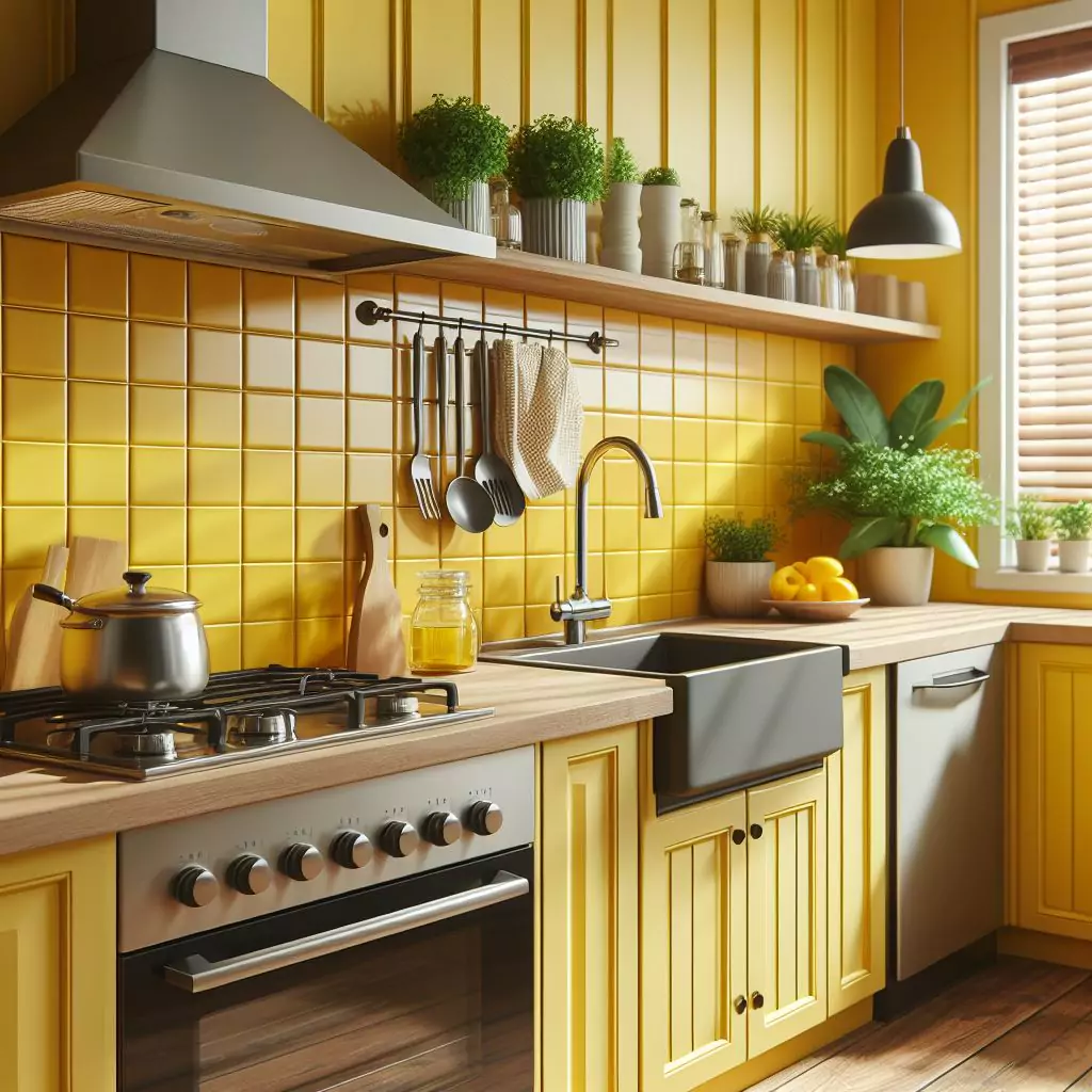 a closer look a Pop of sunshine yellow on kitchen walls. The countertop has a gas stove, stainless steel kitchen sink with a faucet, and a dishwasher