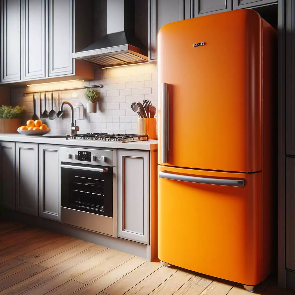  "A tangerine orange fridge in a kitchen, exuding a bold and vibrant color choice, adding a playful and energetic vibe and instantly brightening the culinary space."