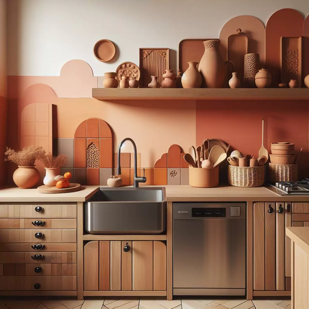 Terracotta and clay tones on kitchen walls, creating a bohemian vibe with warmth and texture for a cozy and eclectic atmosphere.