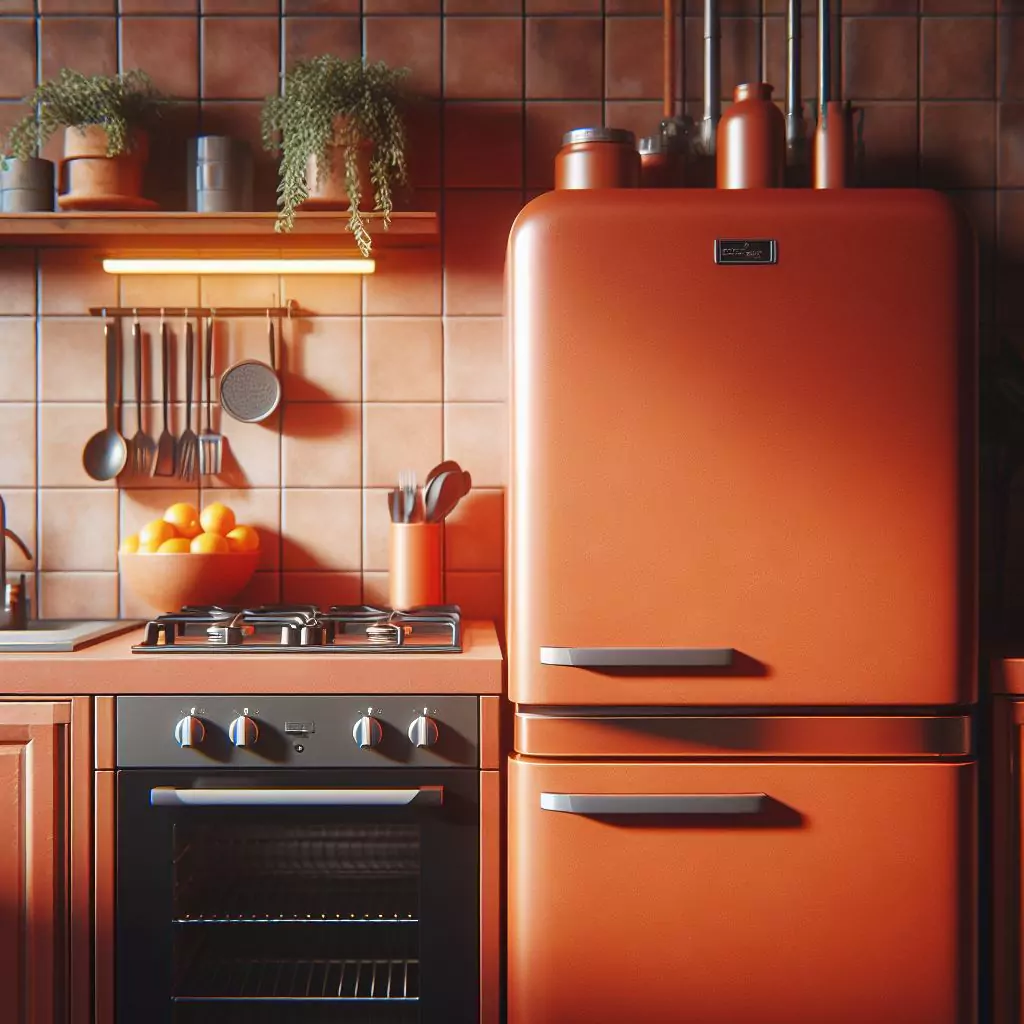 A terracotta-colored fridge in a kitchen, exuding a rich and inviting hue, bringing warmth and earthiness to the space and evoking the cozy atmosphere of rustic Mediterranean kitchens.