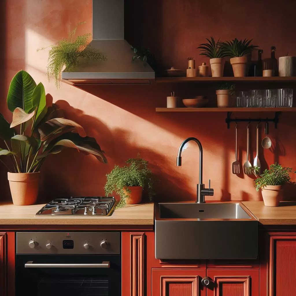 a closer look of a kitchen with terracotta red tones on the walls. The countertop has a gas stove, stainless steel kitchen sink, one potted indoor plants and faucet, and dishwasher