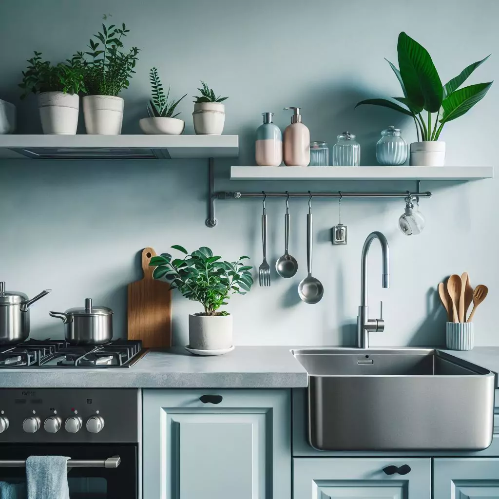 a closer look of a Kitchen with pale blue hues on the walls. The countertop has a gas stove, stainless steel kitchen sink, potted indoor plant and faucet, and dishwasher
