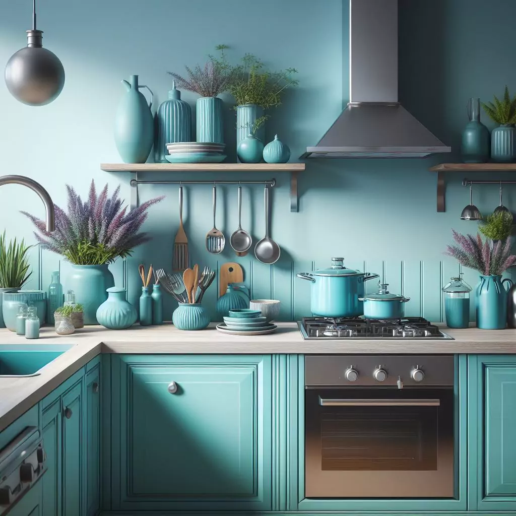 Bright turquoise tones on kitchen walls, infusing energy and vitality with a vibrant pop of color for a lively and invigorating ambiance.