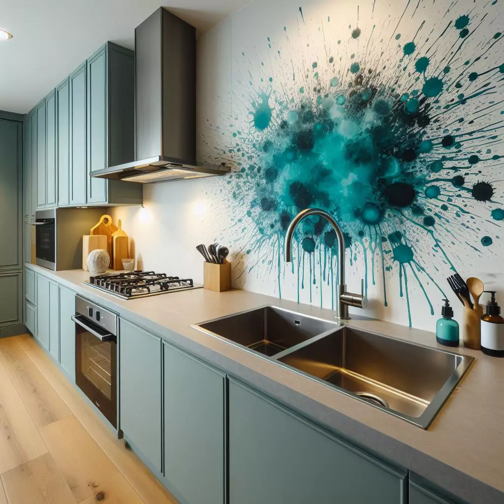 a closer look of a Splash of turquoise color on kitchen walls. The countertop has a gas stove, stainless steel kitchen sink with a faucet, and a dishwasher