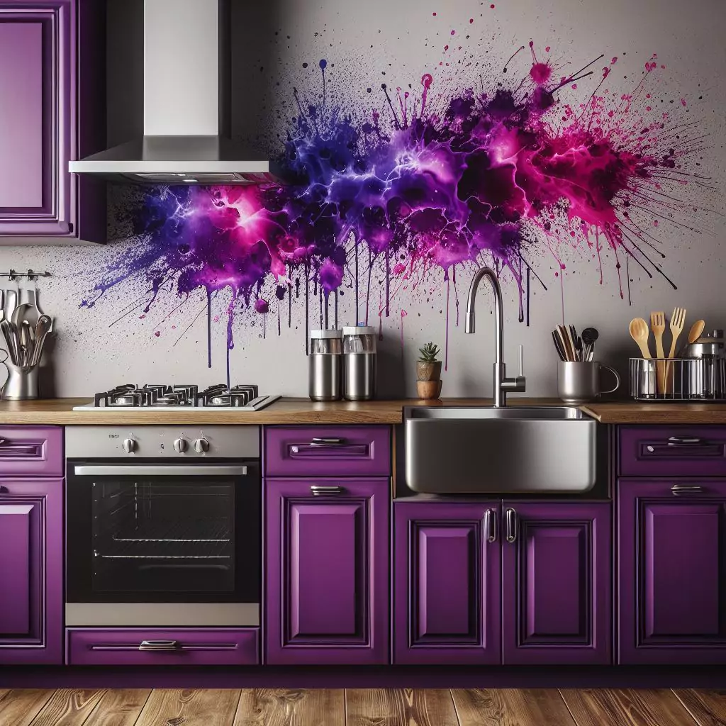     a closer look of Splash of vibrant purple on kitchen walls. The countertop has a gas stove, stainless steel kitchen sink with a faucet