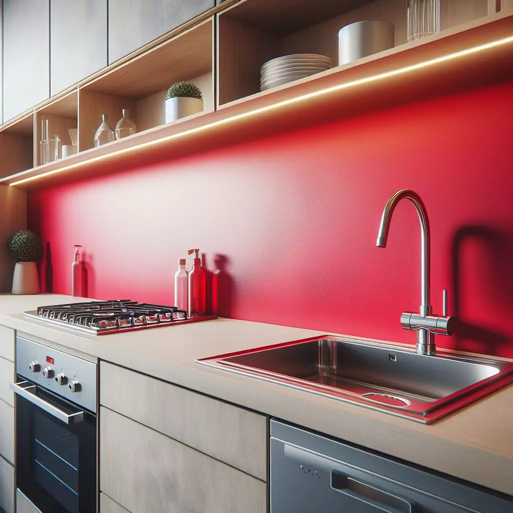 a closer look of a Kitchen wall with a pop of red color for a vibrant accent. The countertop has a gas stove, stainless steel kitchen sink with a faucet, and a dishwasher